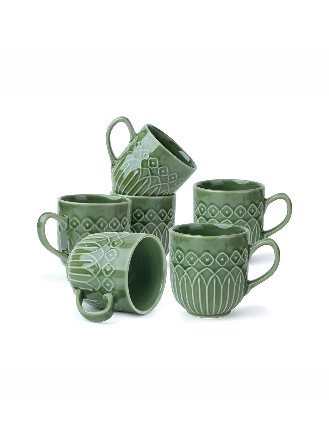 SHAY Isha Green Ethnic Motifs Ceramic Microwave Safe 6 Piece Mugs-330ml
