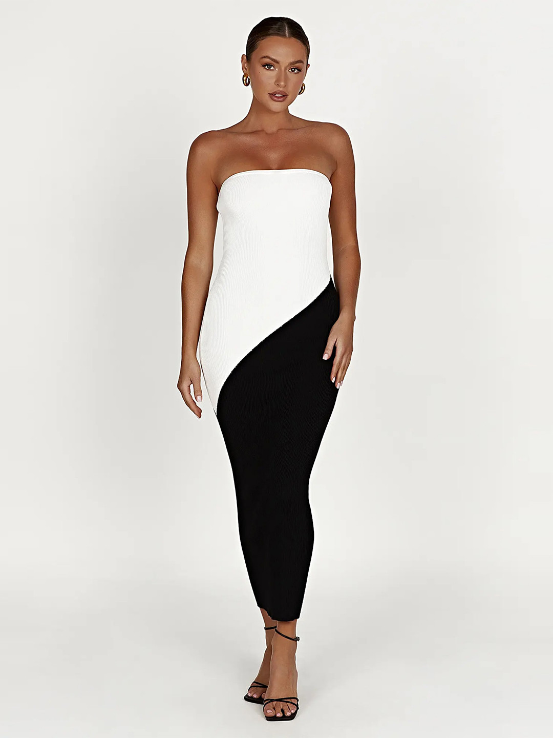 LULU & SKY Colourblocked Ribbed Off-Shoulder Bodycon Maxi Dress