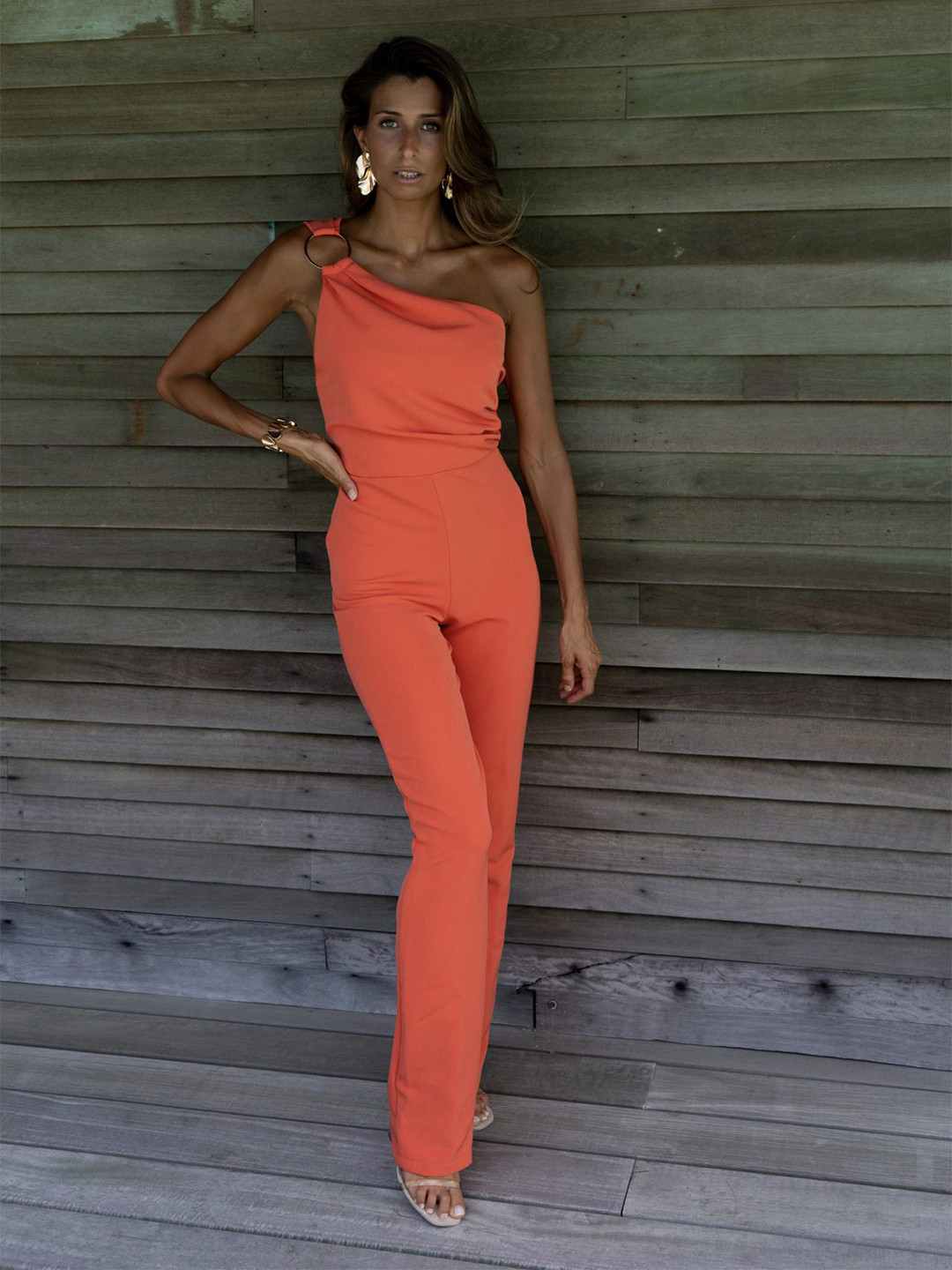 StyleCast Orange One Shoulder Basic Jumpsuit