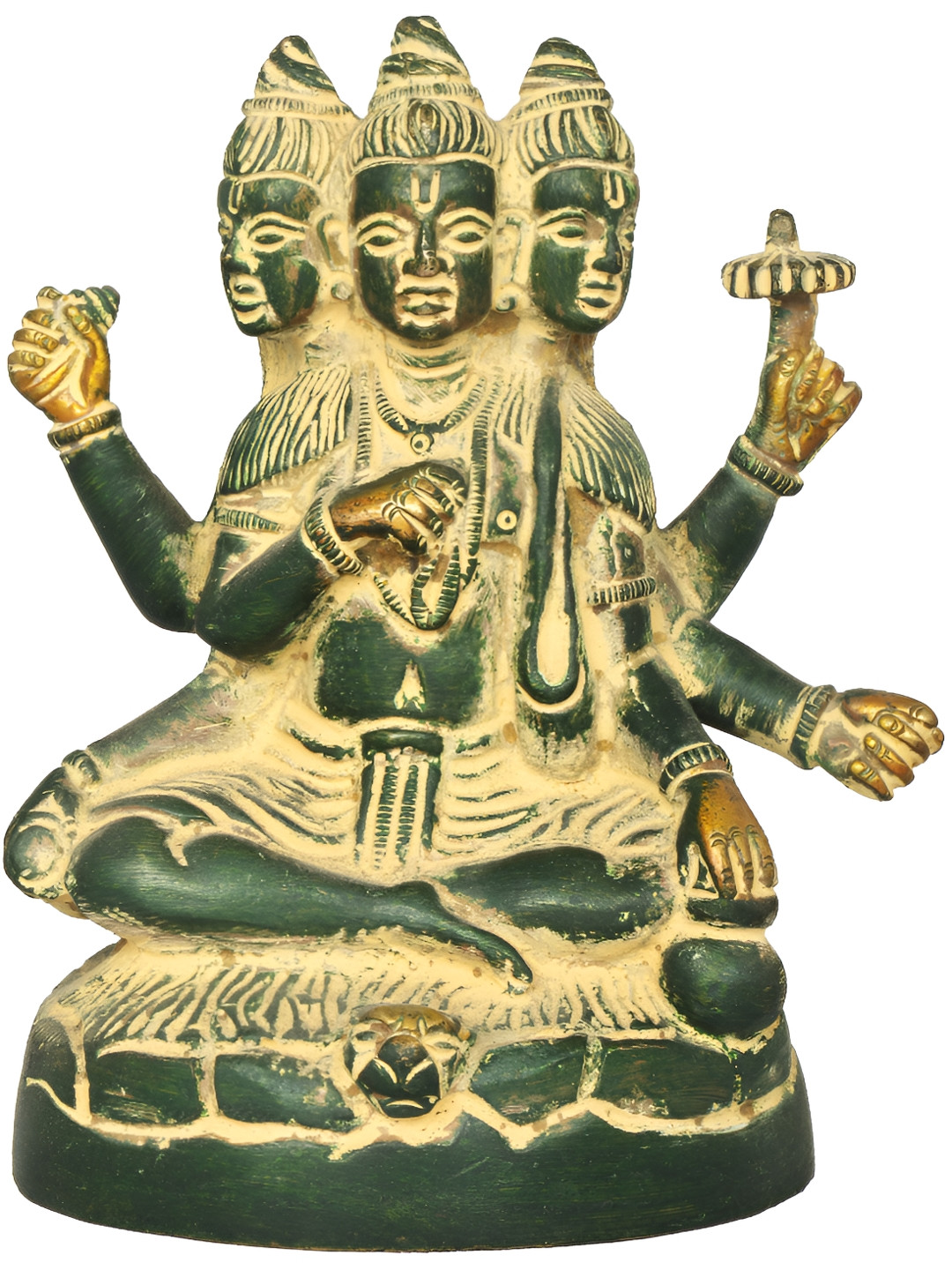 Exotic India Trimurti Gold Brass Metallic Prayer Room Hand Made Medium Showpiece - 4.8 Inches