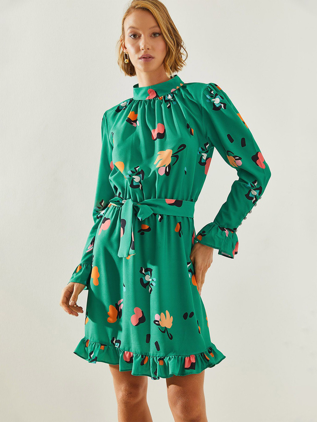 BIANCO LUCCI Women High Neck Backless Bell Sleeves Fit and Flare Dress