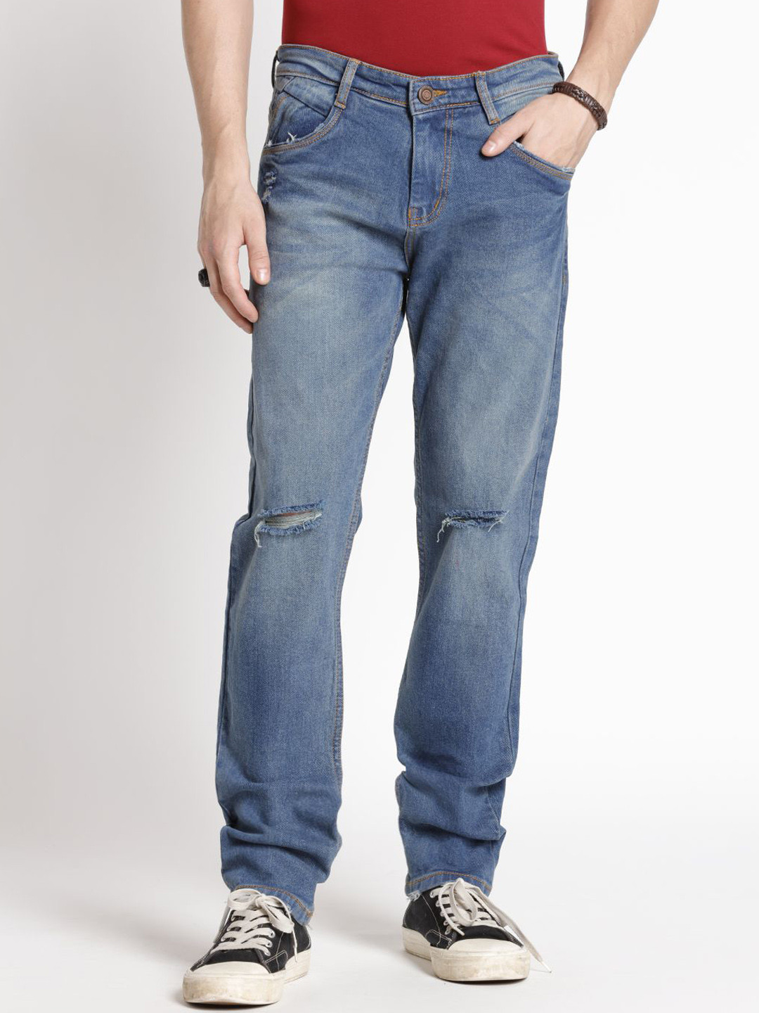 ODCC Men Comfort Regular Fit Mid-Rise Slash Knee Light Fade Stretchable Jeans