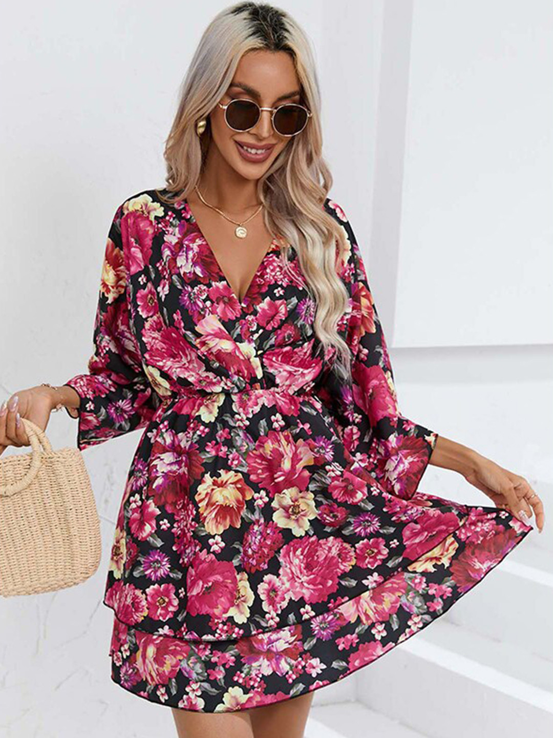StyleCast Floral Printed Kimono Sleeve Layered Fit & Flare Dress