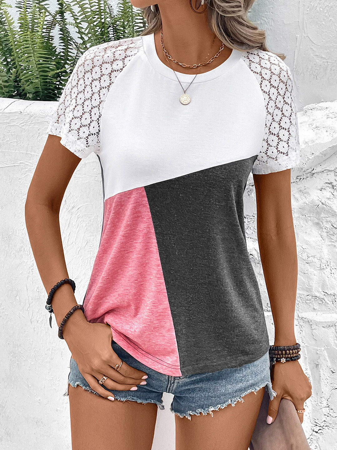 StyleCast Pink & White Lace Insert Colourblocked Casual Top