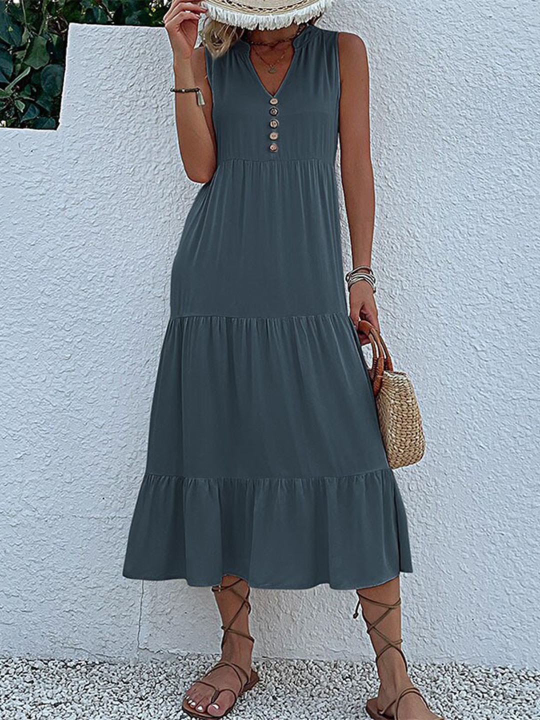 StyleCast Grey A-Line V-Neck Midi Dress