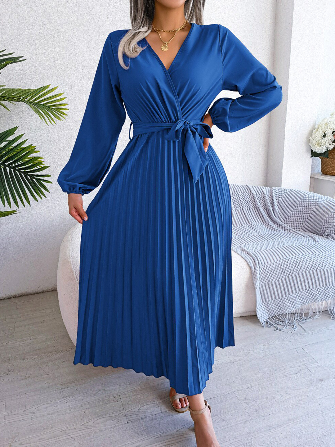 StyleCast Blue V-Neck Puff Sleeves Pleated Chiffon Wrap Midi Dress