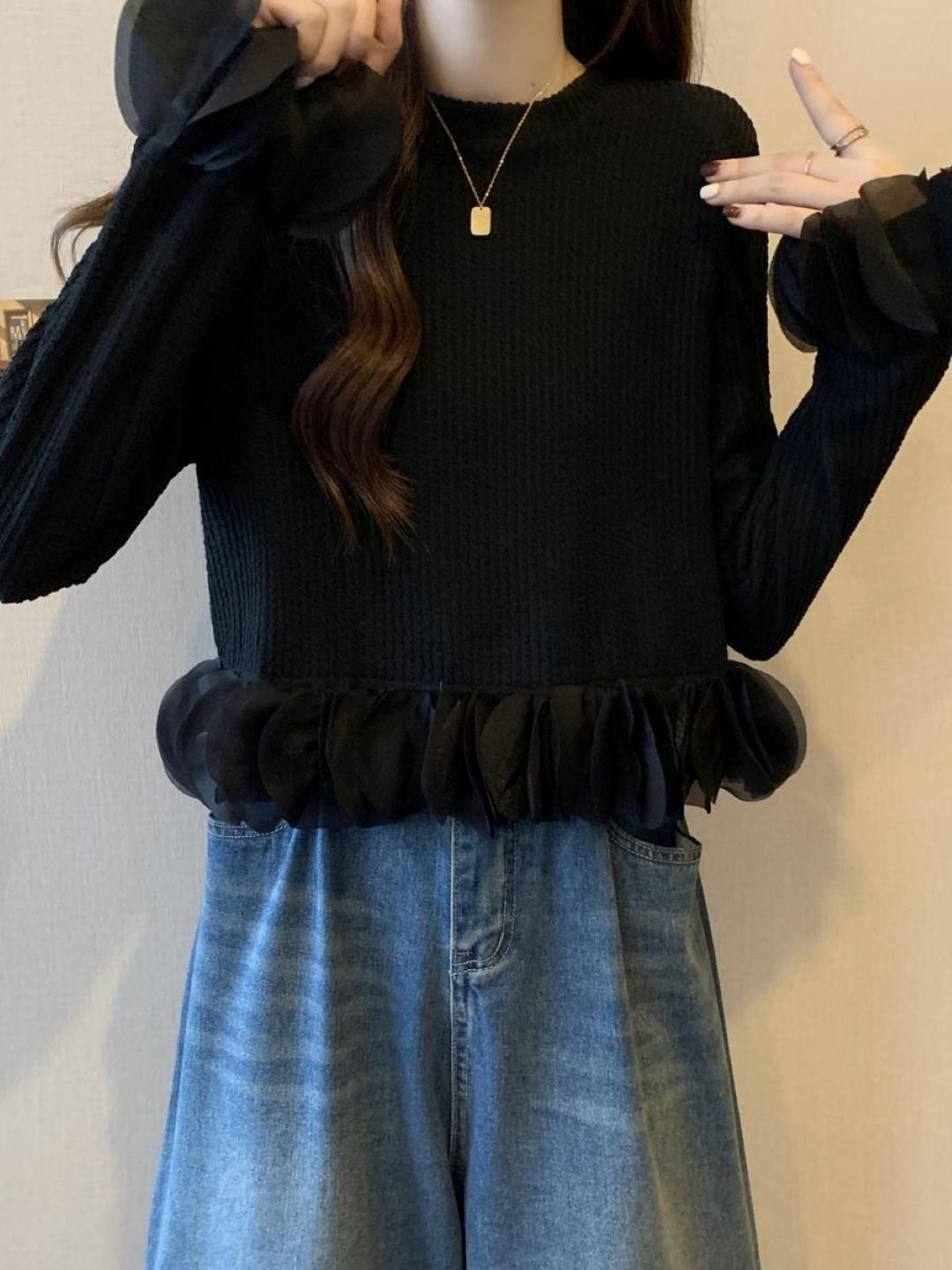 KPOP Women Ribbed Ruffle Regular Top