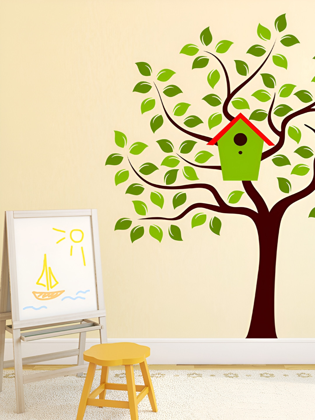 LANSTICK Green & Brown Tree with Birds & Home Printed Self Adhesive Wall Sticker