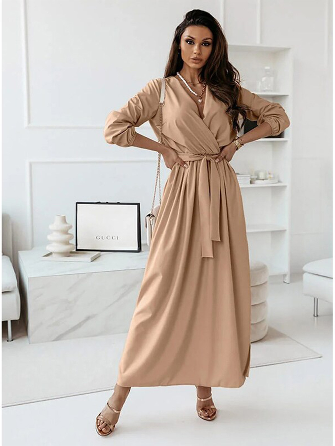 StyleCast Khaki V-Neck Cuffed Sleeves Maxi Wrap Dress With Belt