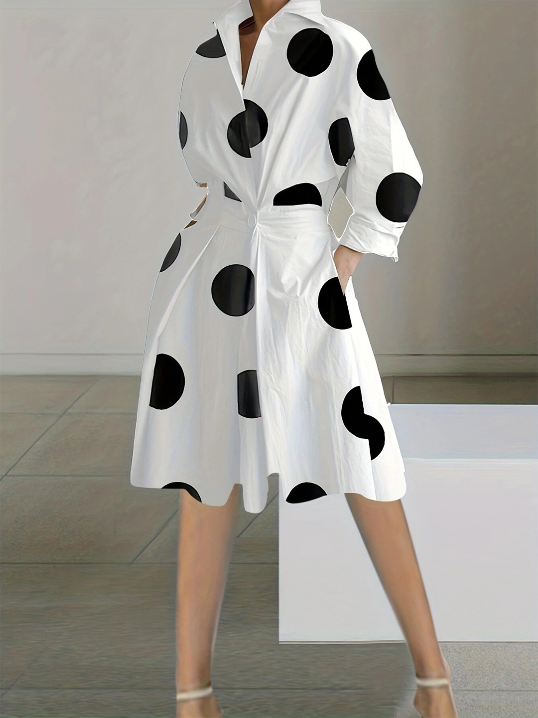 StyleCast White Polka Dot Shirt Collar Printed Fit & Flare Dress
