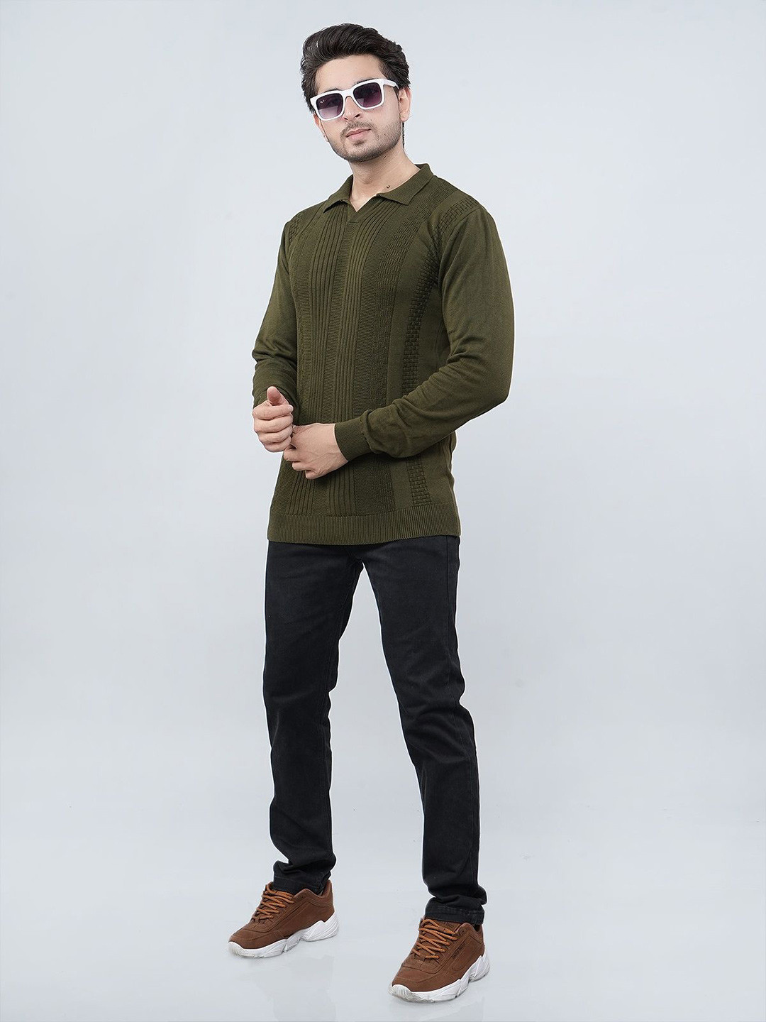 FEVERFEW Men Self Design Shirt Coller Pullover