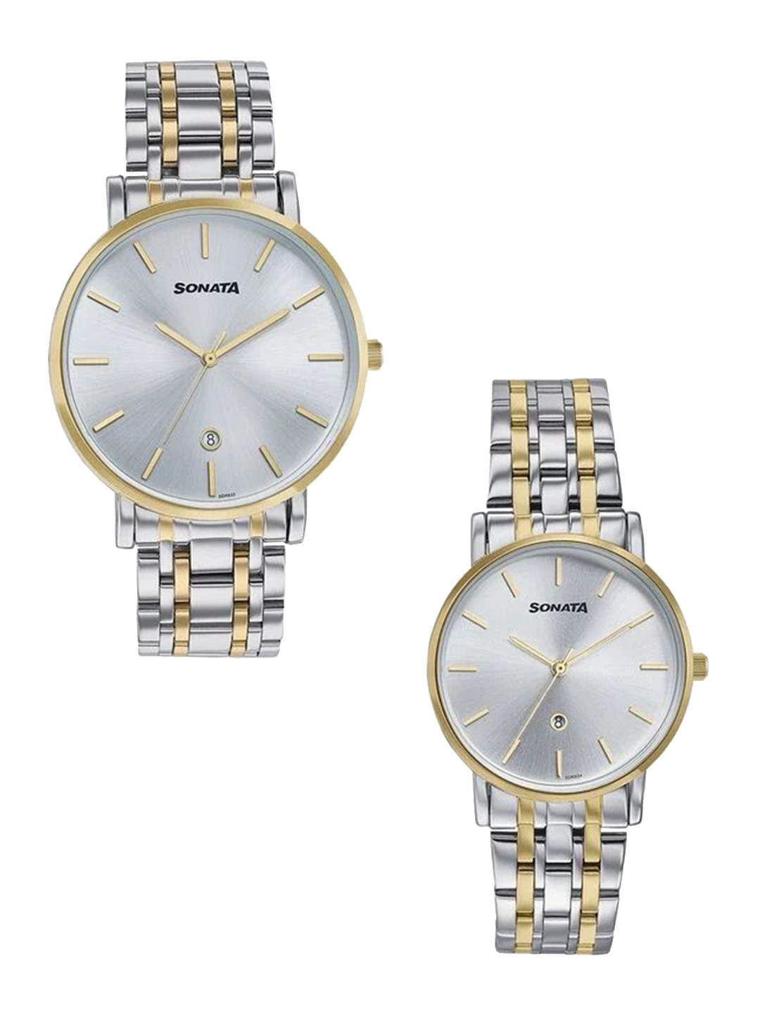 Sonata Unisex Set Of 2 Stainless Steel Bracelet Style Straps Analogue Watch 7716787086BM01