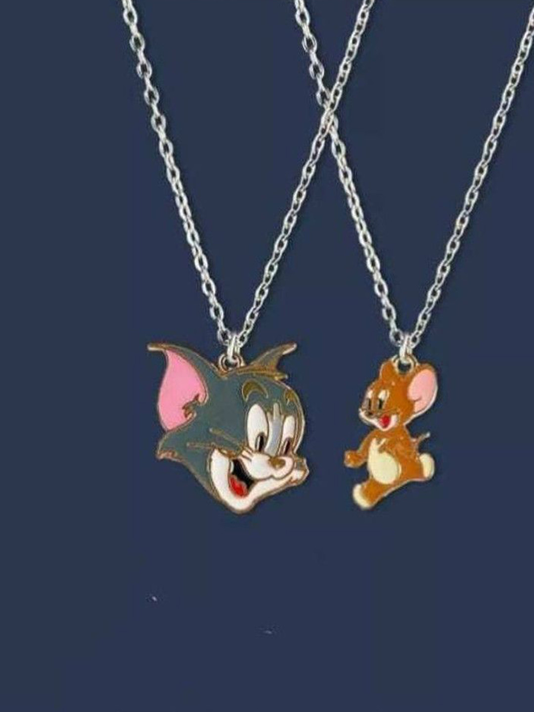 shobhram Set Of 2 Rhodium-Plated Tom & Jerry Couple Pendants With Chain