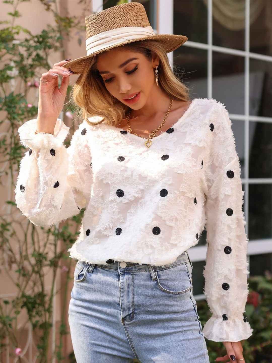 StyleCast Cream Polka Dots Round Neck Long Sleeve Top