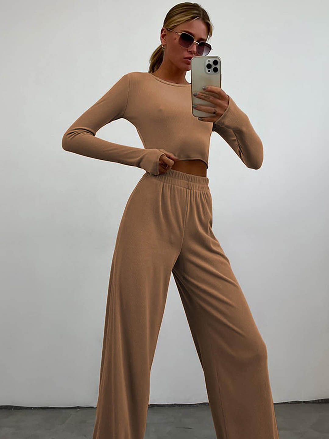 LULU & SKY Round Neck Crop Top & Mid-Rise Trouser