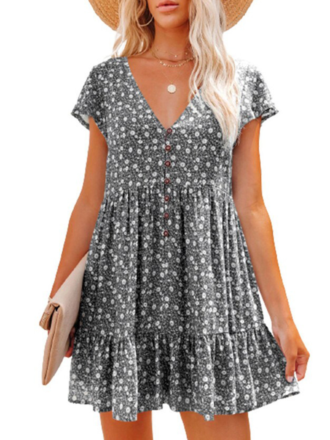 StyleCast Black V-neck Short Sleeves Print Fit & Flare Dress