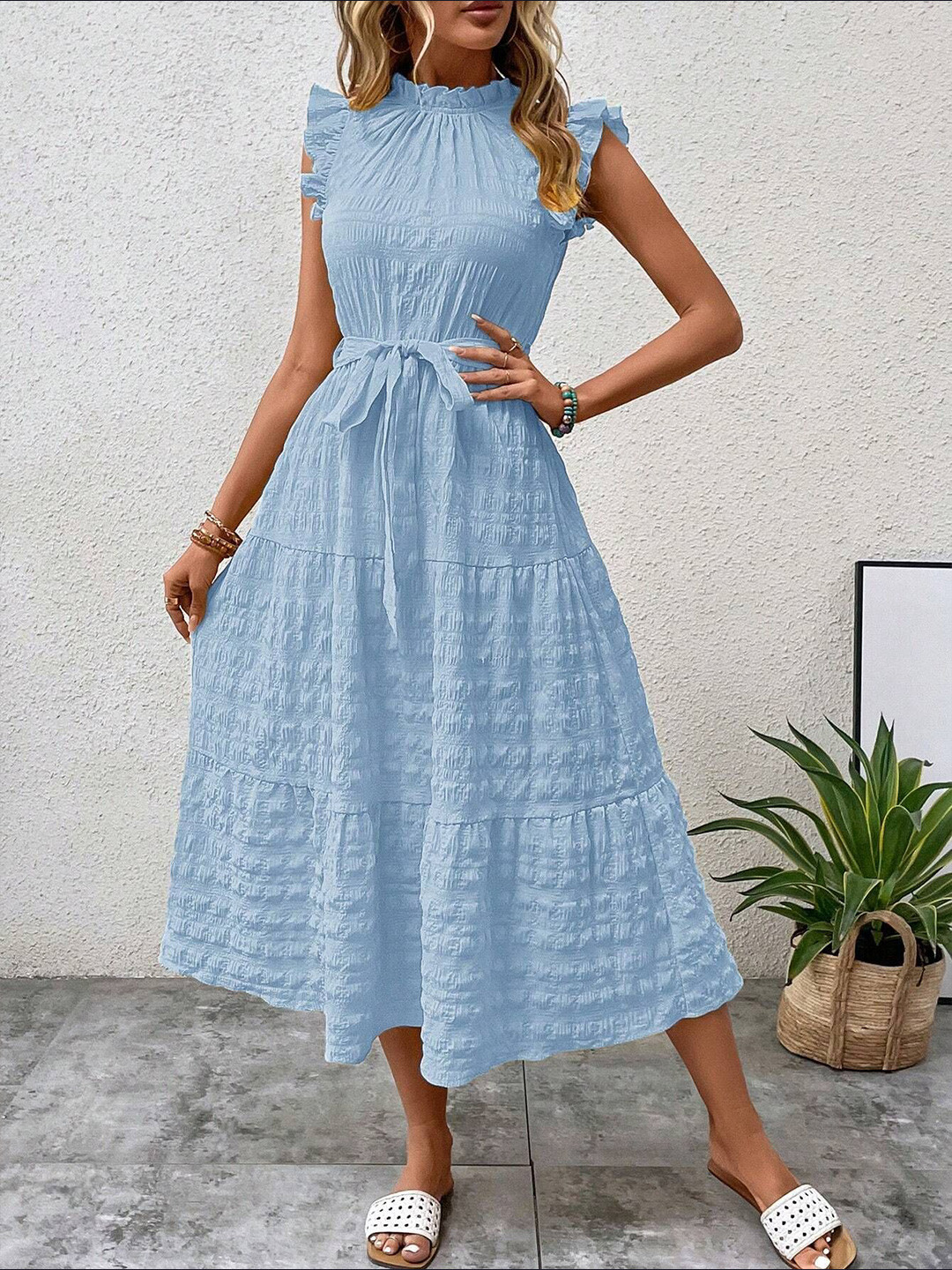 StyleCast Blue Self Design Fit & Flare Maxi Dress