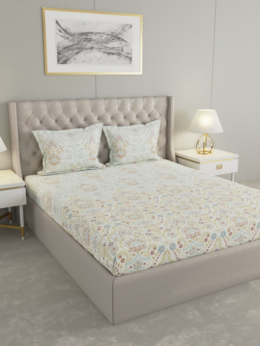 Raymond Home White & Green Printed Cotton 120 TC King Bedsheet Set  2.75 m x 2.75 m