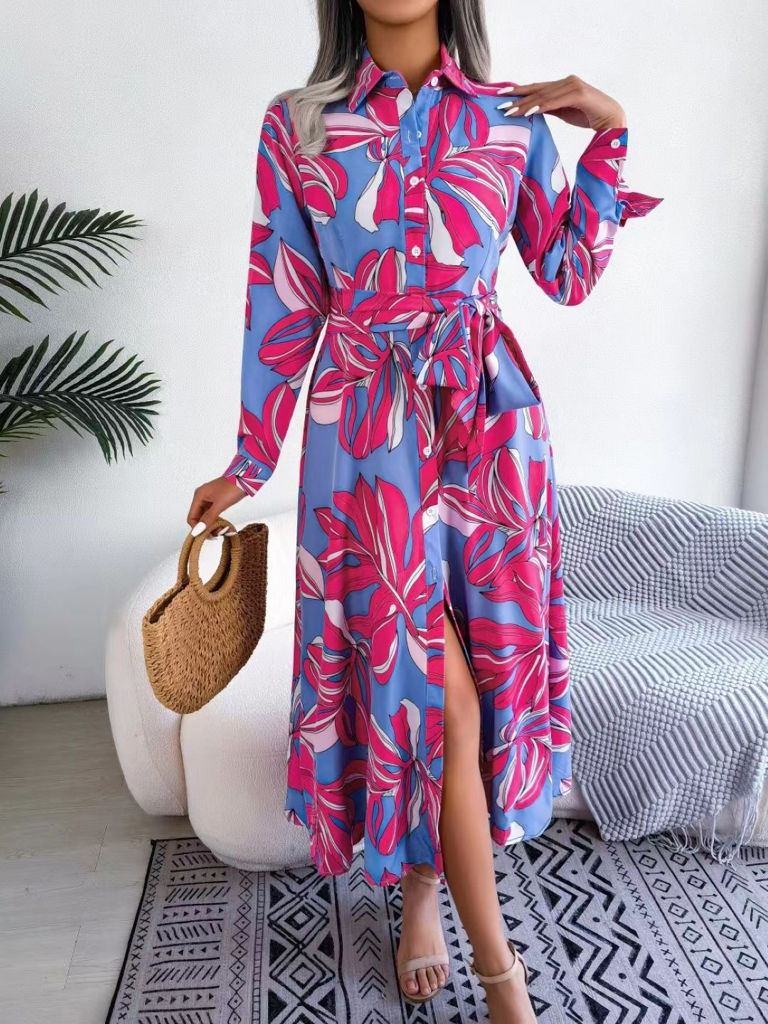 Purple Floral Print Maxi Dress with Long Sleeves
