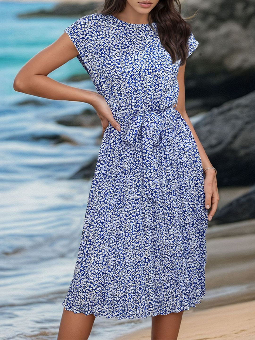 KPOP Women Boat Neck Printed Short Sleeves Knee Length Floral Print A-Line Dress