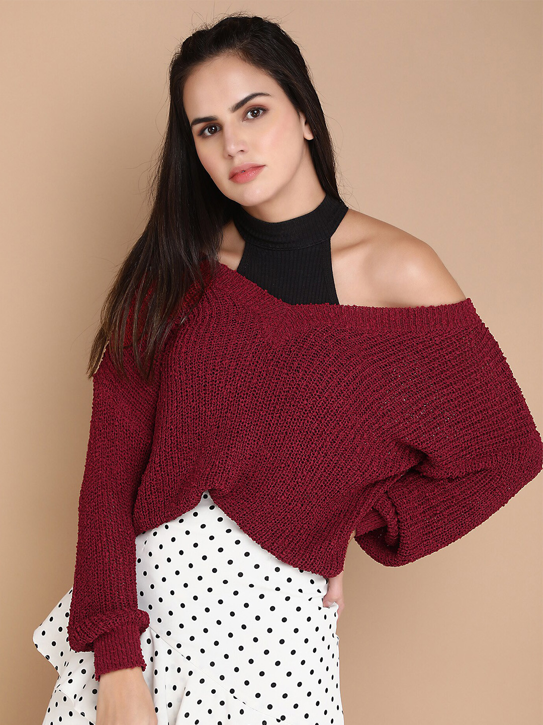 LULU & SKY Open Knit V-Neck Long Sleeves Pullover Sweater