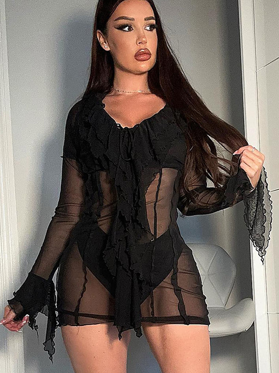 LULU & SKY Bell Sleeve Ruffled Bodycon Mini Dress