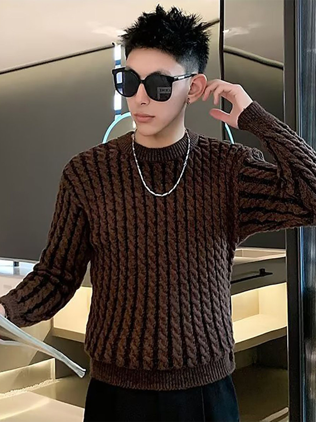 StyleCast x Revolte Men Solid Cable Knit Pullover Sweater