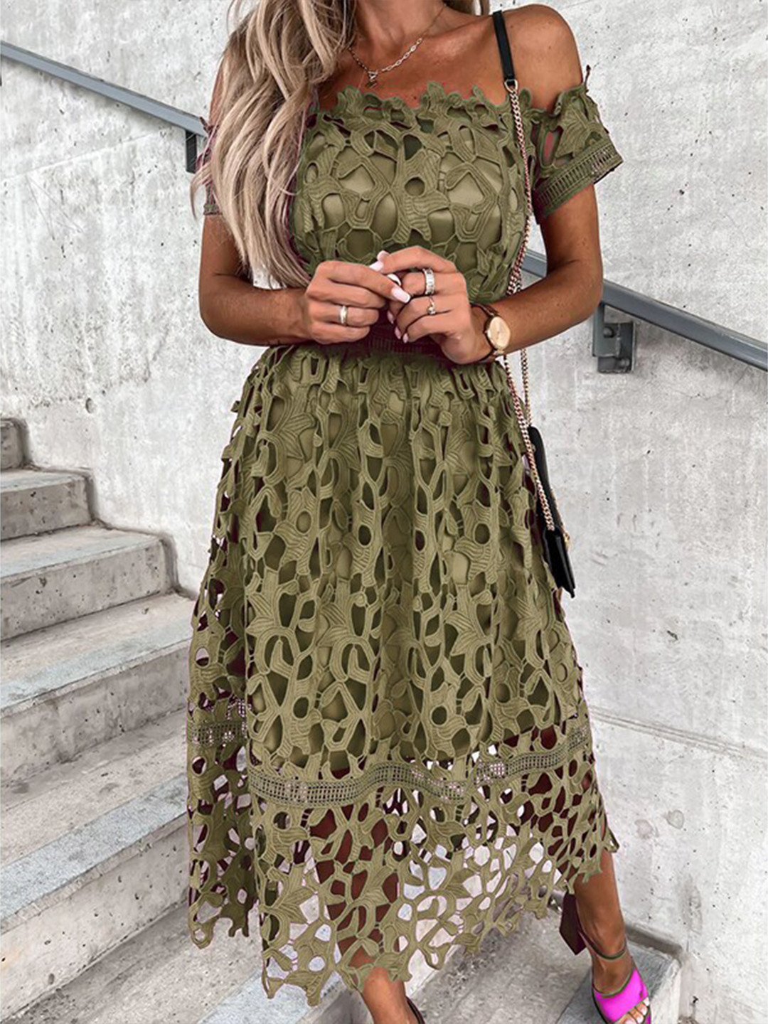 Olive Green Off-Shoulder Midi Fit & Flare Party Dress