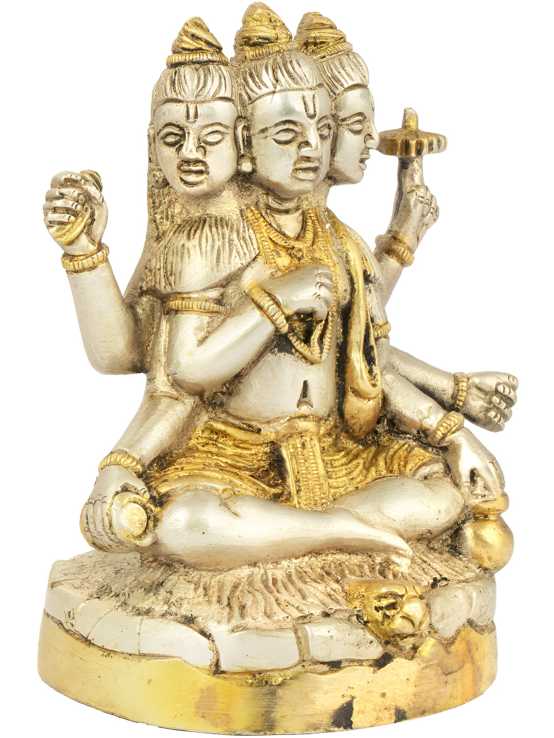 Exotic India Trimurti Yellow Brass Metallic Prayer Room Hand Made Small Showpiece - 4.8 Inches