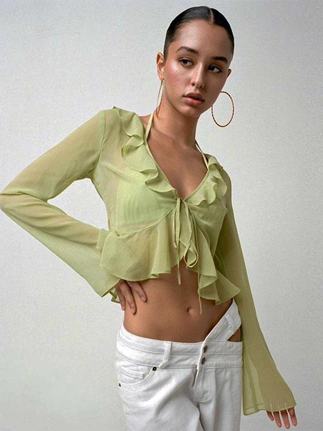 StyleCast x Revolte halter neck bell sleeves ruffles shirt style top