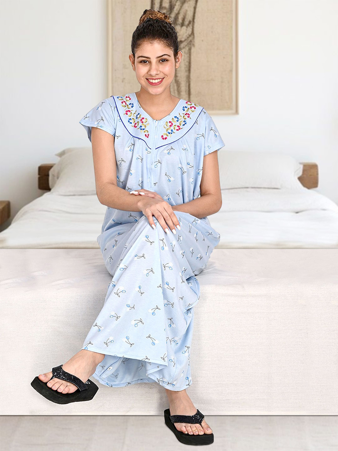 For You For Me Women Embroidered Maxi Nightdress