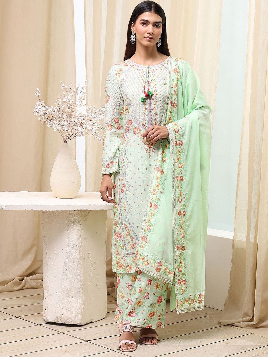 Biba Women Floral Printed Round Neck Kurta Sets With Dupatta