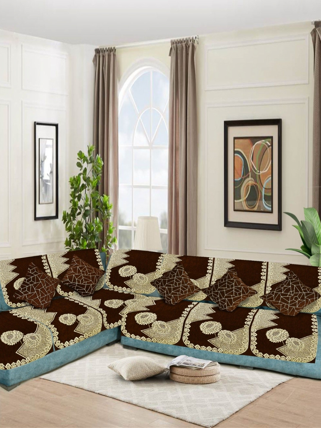 SAWNA HOMES Coffee Brown 17 Pieces Velvet L Shape Sofa Cover With Coushion Covers Set