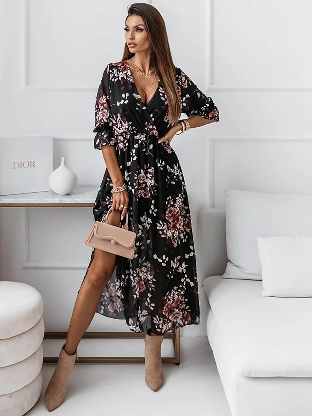 LULU & SKY Floral Printed Puff Sleeves Slit Detail Gathered Chiffon Midi Wrap Dress