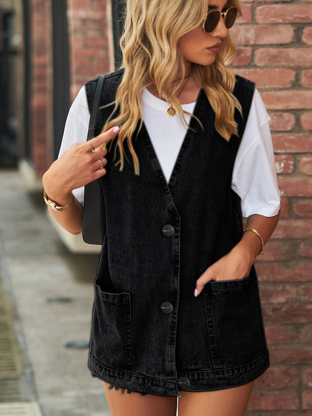 StyleCast Black V-Neck Longline Denim Jacket