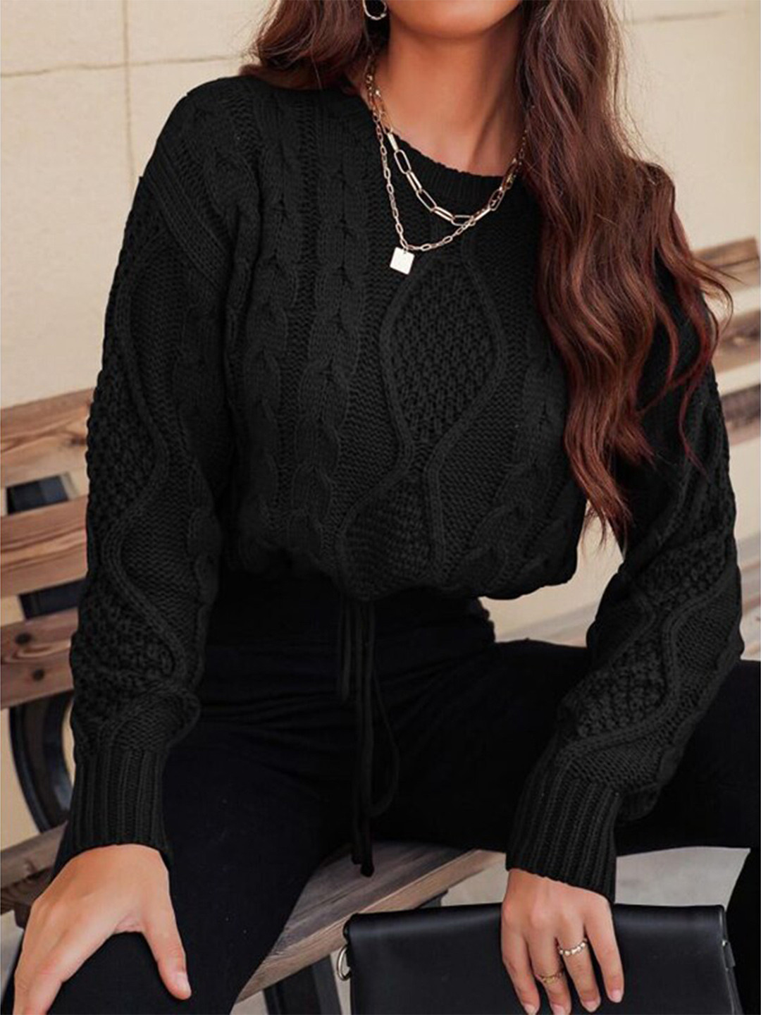 StyleCast Black Cable Knit Acrylic Pullover Sweater