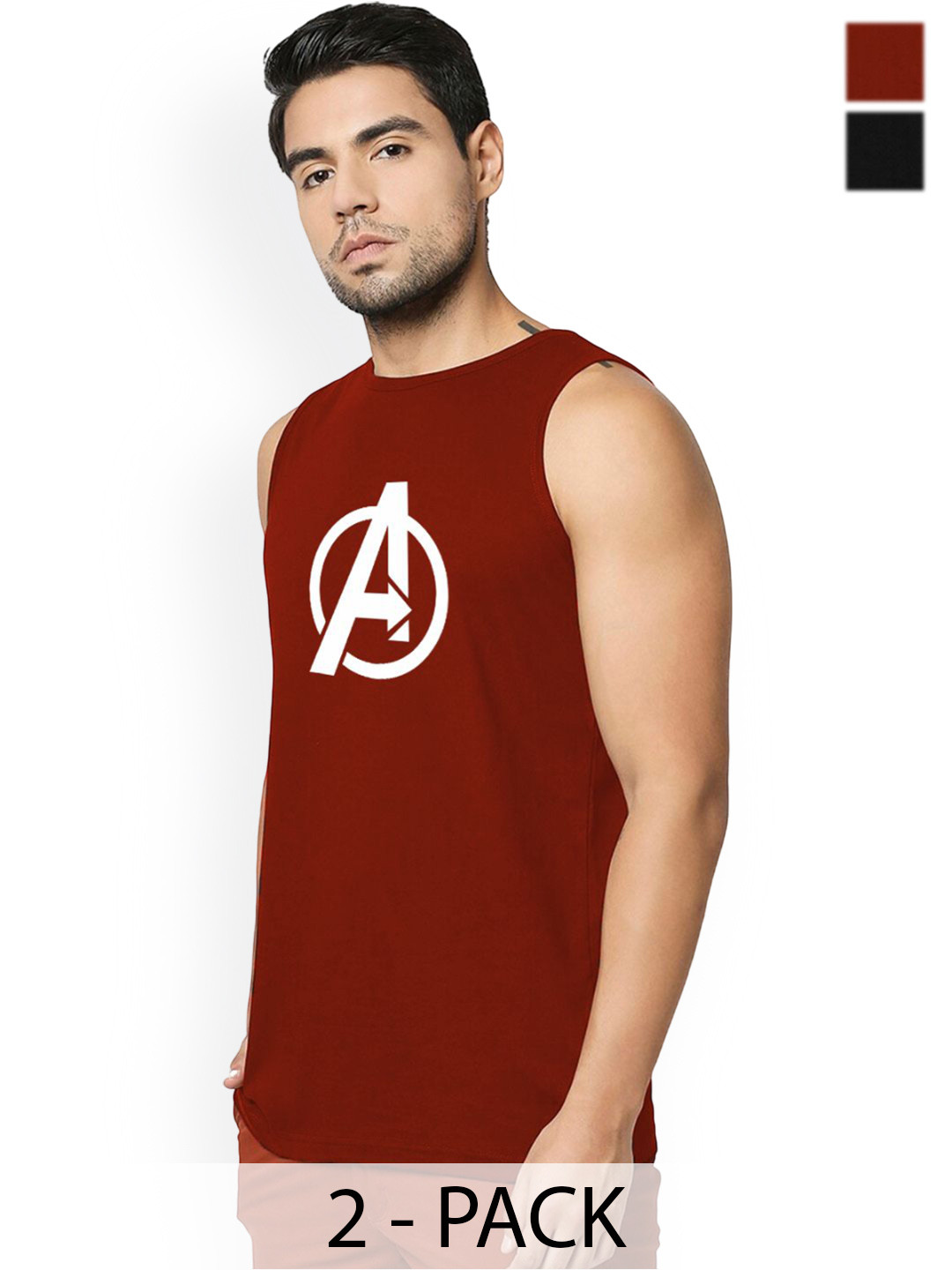 Organic Chics Pack Of 2 Avengers Printed Cotton Vests Maroon Avenger - Black Groot_S