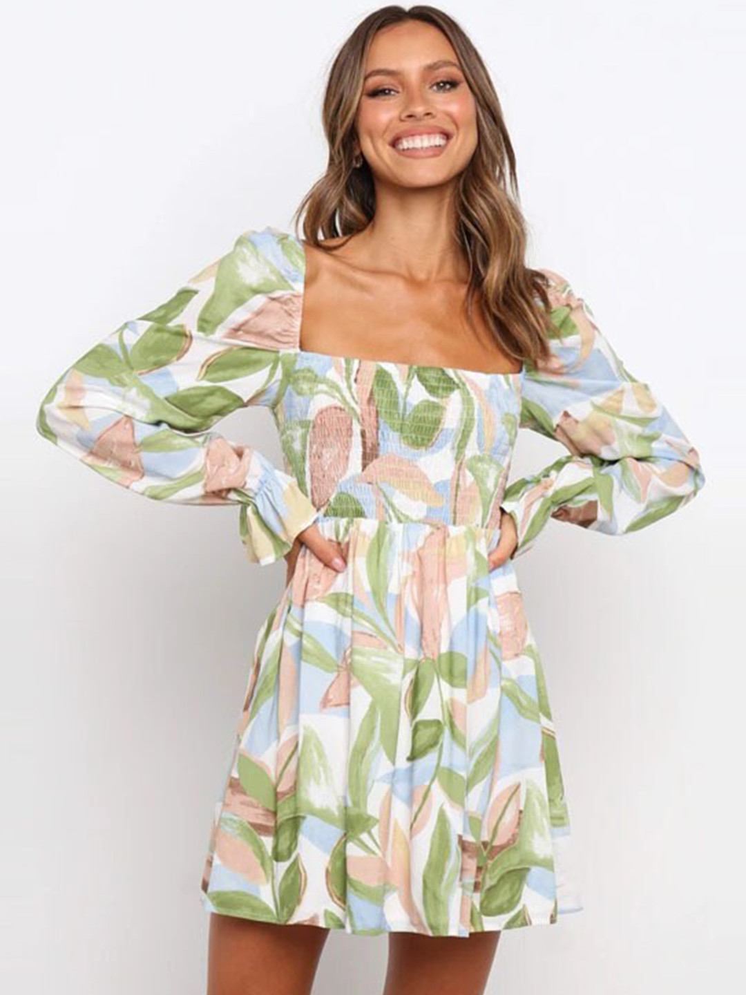 StyleCast Green & Blue Abstract Print Square Neck Puff Sleeve Dress
