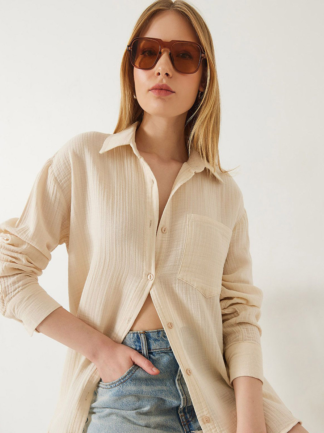 BIANCO LUCCI Women Oversized Fit Textured Spread Collar Cotton Casual Shirt
