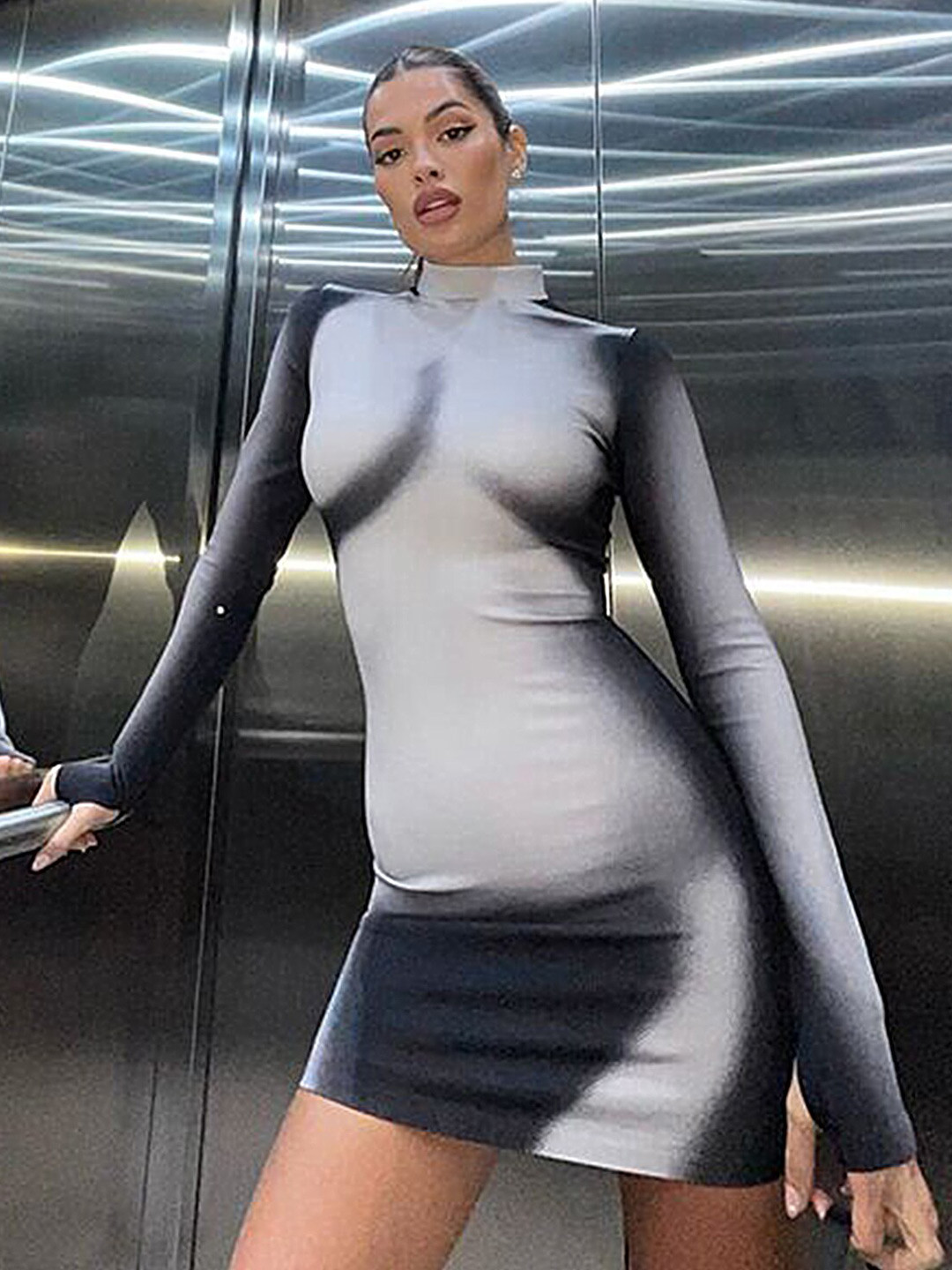 LULU & SKY 3D Printed Long Sleeves High Neck Mini Bodycon Dress