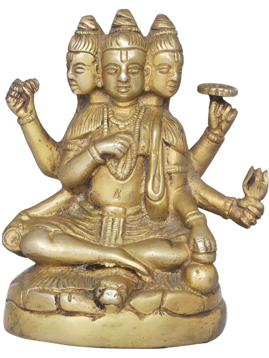 Exotic India Trimurti Gold Brass Metallic Prayer Room Hand Made Medium Showpiece - 4.8 Inches