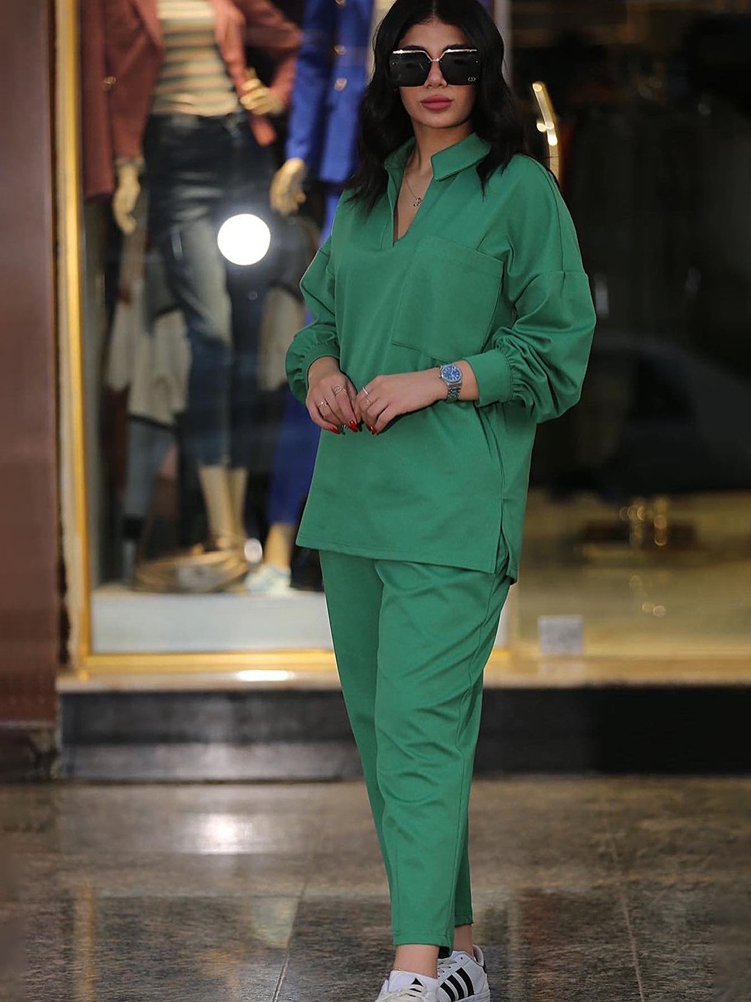 Green Shirt Collar Cuffed Sleeve Co-Ord Set