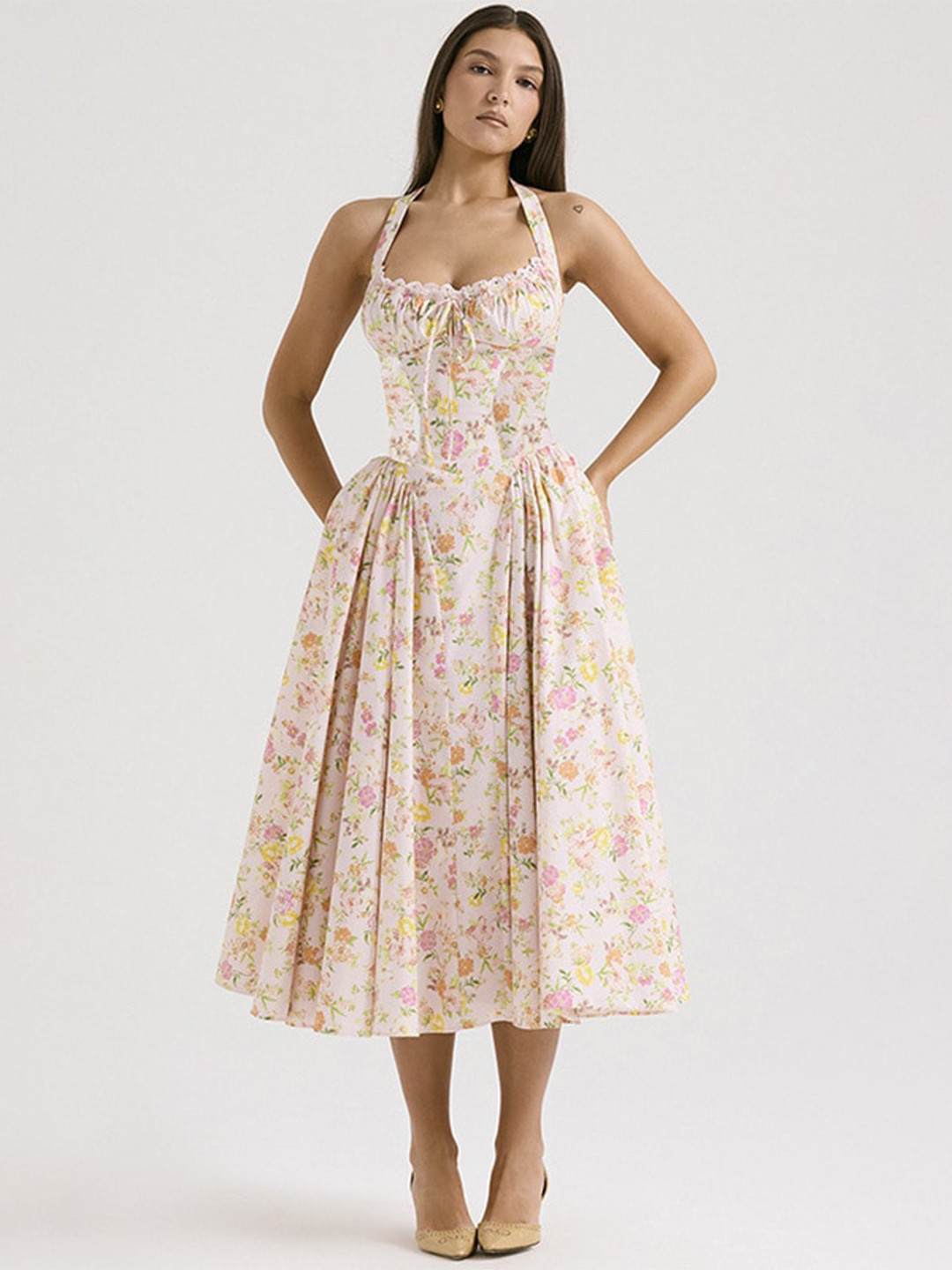 StyleCast x Revolte Pink Halter Neck Floral Print Fit & Flare Midi Dress