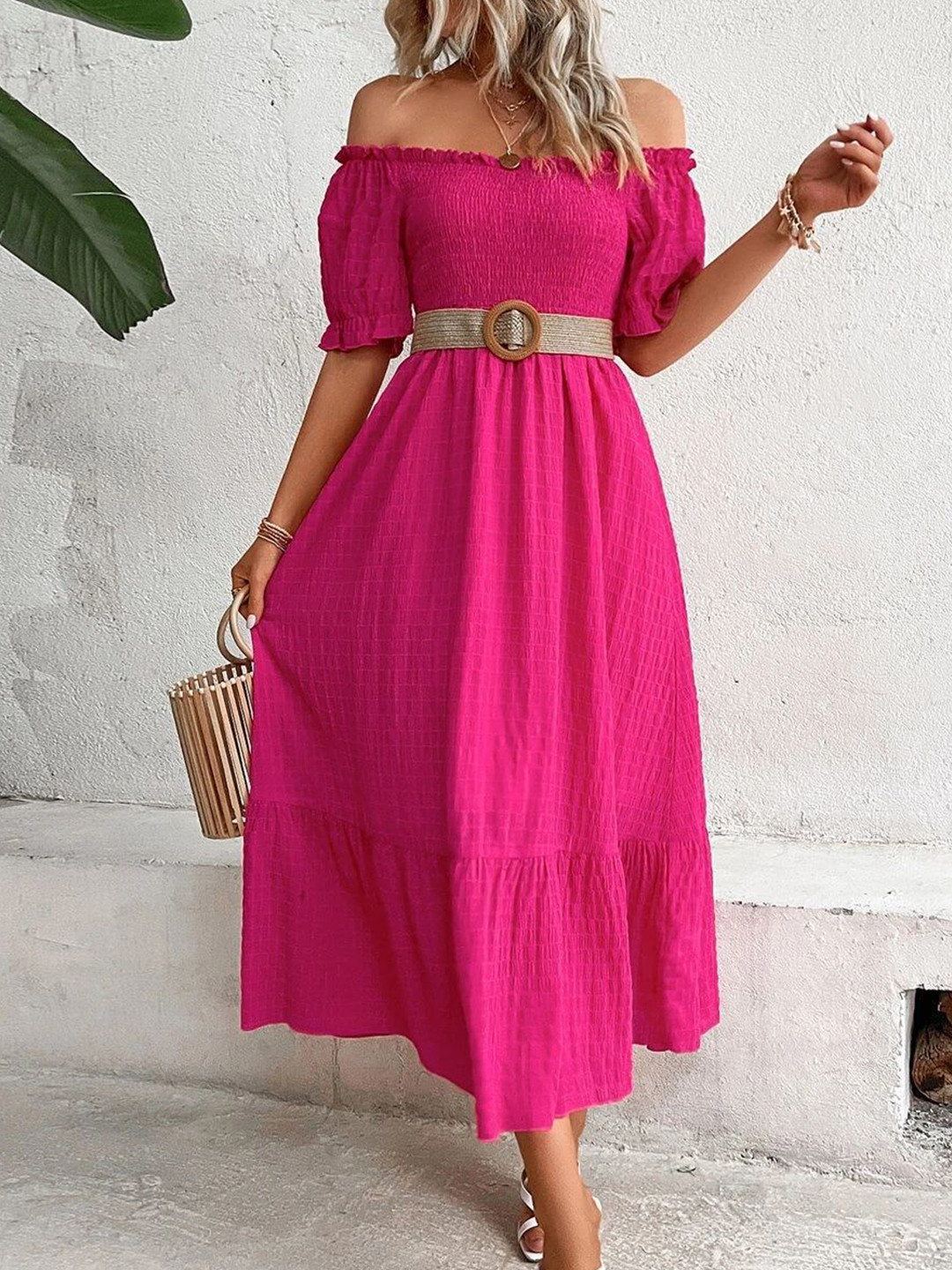 StyleCast Pink Off-Shoulder Puff Sleeves Cotton Fit and Flare Midi Dress