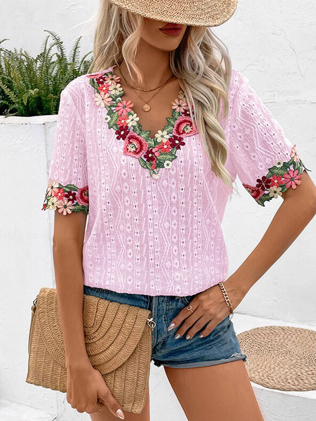 StyleCast x Revolte Geometric Embroidered V-Neck Linen Semi Sheer Casual Top