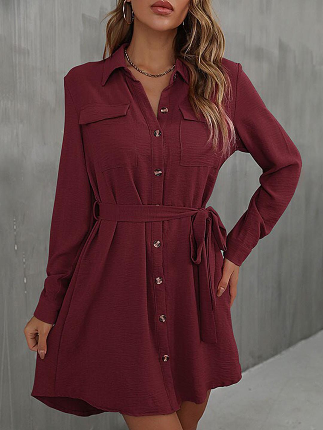 StyleCast Maroon Waist Tie-Up Shirt Mini Dress