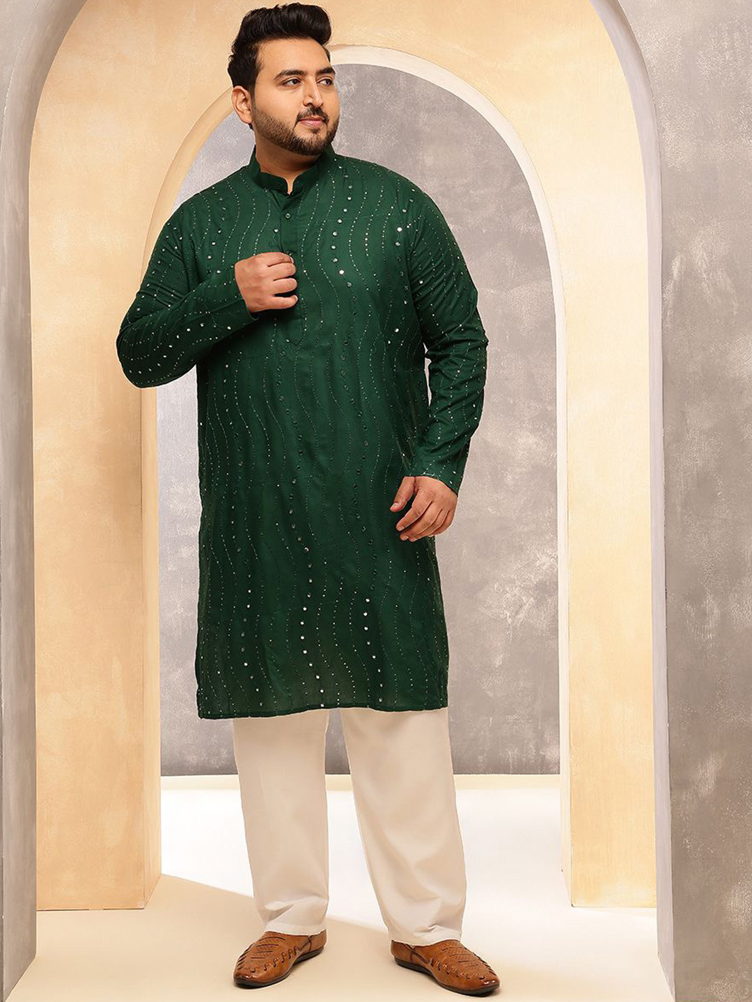 SOJANYA PLUS Embellished Mandarin Collar Sequinned Pure Cotton Straight Kurta With Pyjama