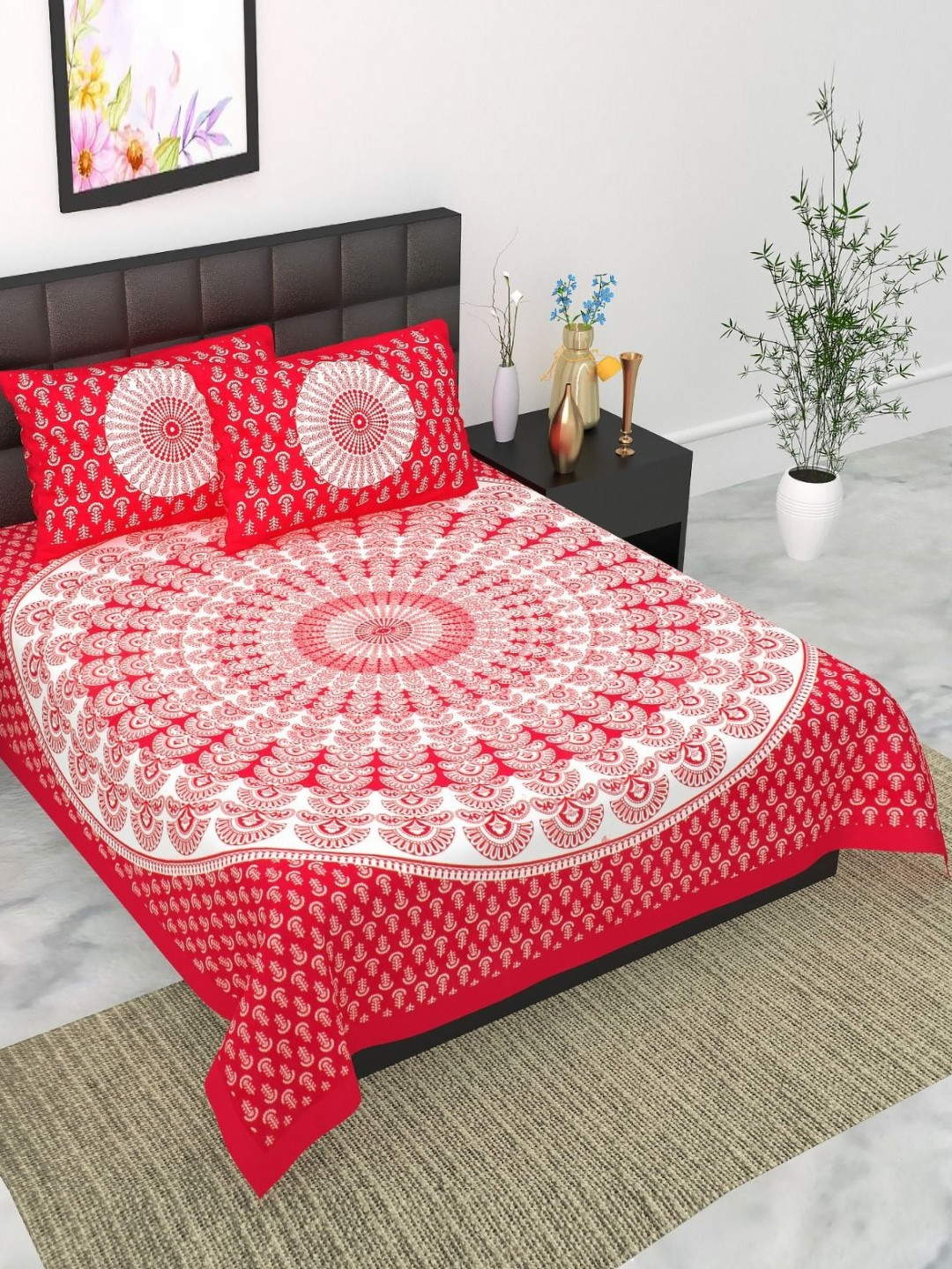 UNIBLISS Red Floral Cotton 144 TC Queen Bedsheet with 2 Pillow Covers-85 x 93 inches