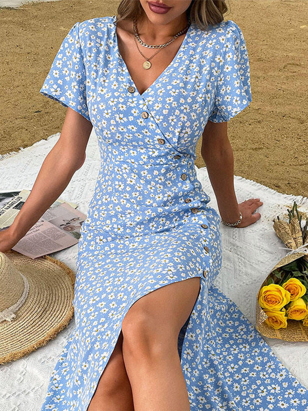 StyleCast Blue Floral Printed Wrap Midi Dress