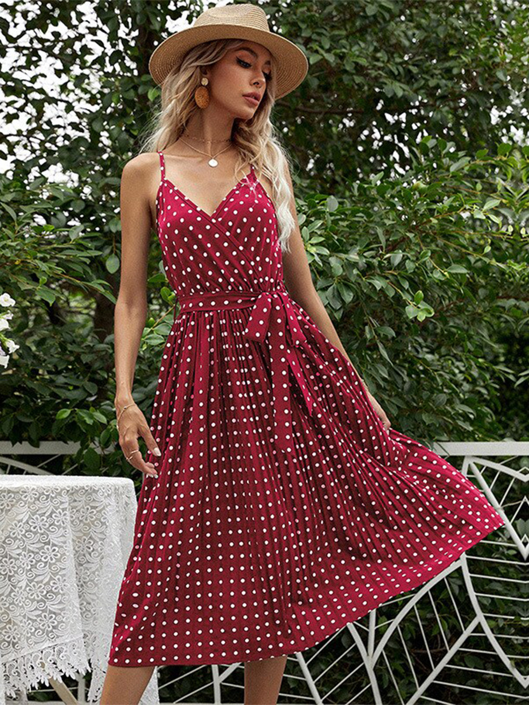StyleCast Maroon Polka Dot Print Fit & Flare Midi Dress